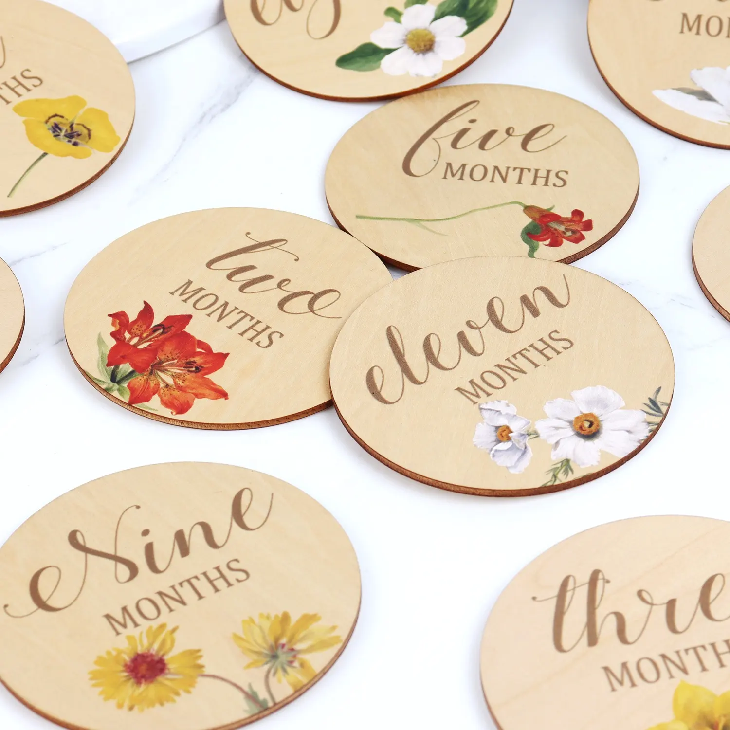 Pafu UV Printing Flower Monthly Milestone Cards Baby Shower Birth Sign Wooden Milestone Discs One Year