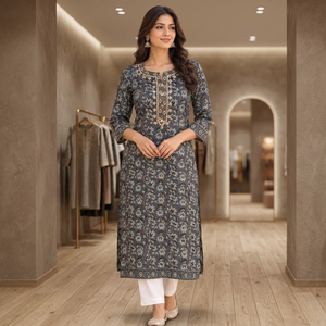Mezcla Perfecta de Elegancia Tradicional y Comodidad Moderna, Vestido Midi de Algodón Tejido Bordado Gris para Mujer, Cintura Holgada, Estampado Floral, para Uso Diario - Product Image 3