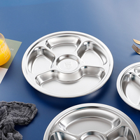 Assiette ronde à 5 compartiments en acier inoxydable 304 poli, moderne, écologique, durable, de qualité alimentaire, à motif uni, pour restaurants
