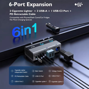 สายชาร์จในรถยนต์แบบยืดหดได้ ช่องเสียบจุดบุหรี่แบบสองพอร์ต พร้อมสายชาร์จแบบยืดหดได้ รองรับการชาร์จเร็ว PD พร้อมสวิตช์แยกอิสระ 120W <span class=keywords><strong>GC11</strong></span> - Product Image 3