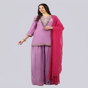 Conjunto de traje Sharara de 3 piezas para mujer, color rosa, con cuentas, lentejuelas, corte Dana y trabajo con hilo de espejo. - Product Image 1