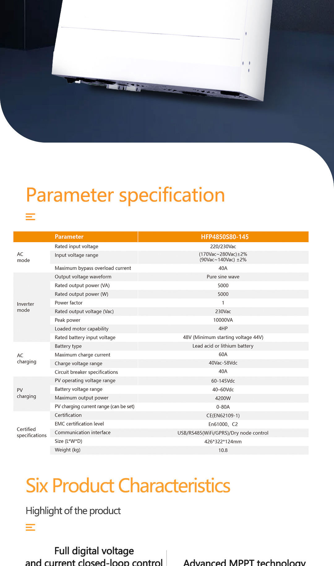 Solar-Wechselrichter, 5 kW, Heim-USV-Wechselrichter, einphasiger reiner Sinus-Hybrid-On-Off-Grid-Wechselrichter für Solarstromanlage