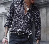Chemise boutonnée classique pour homme, tissée, noire et grise, imprimé léopard, manches longues, col en V, chemise décontractée