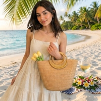Sac fourre-tout tricoté à la main pour les vacances d'été, sac de plage en paille de couleur unie avec poignée en bambou, sac de voyage grande capacité