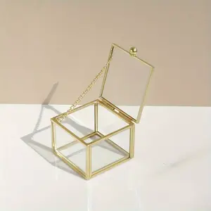 קופסת תכשיטי זכוכית מרובעת קופסת תכשיטים זהב מגש אחסון עגילי טבעת צמיד שרשרת תכשיטי קופסא דקורטיבית שידה