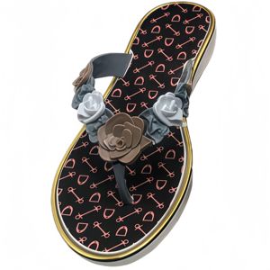 Tongs d'été écologiques en PVC à semelle épaisse pour femme, base noire avec imprimé ancre, bordure dorée, décoration <span class=keywords><strong>rose</strong></span> 3D, MOQ 1800 - Product Image 4