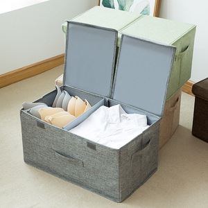 Clothing Organizer Double Compartment Foldable Storage Box With Lid Rectangle Khaki Gray Standing Type - Product Image 1