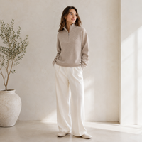 Pull en tricot fin taupe pour femme, col montant, manches longues, fabrication sur mesure