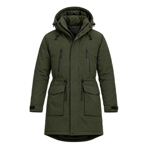 Men's Long Hooded Winter Puffer Jacket Quilted Thermal <b>Parka</b> Zipper Closure Drawstring Cargo <b>Pockets</b> Fleece Lining Embroidered - Product Image 1