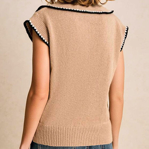 เสื้อกั๊กไหมพรมแขนกุดผู้หญิง ผูกคอ แต่งขอบตัดกัน กระดุมผ่าหน้า แฟชั่นลำลอง ทรงหลวม สไตล์คาร์ดิแกน สำหรับฤดูใบไม้ผลิและฤดูร้อน - Product Image 2