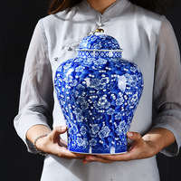 Jarra de Cerámica Extra Grande Azul y Blanca con Tapa, para Té o Almacenamiento, Ecológica, 3-4L, Decoración para el Hogar o Club