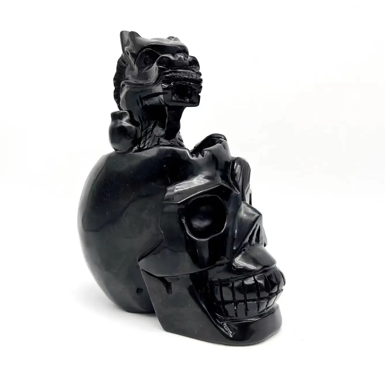 Hot Selling Natural Hand Carved Wonderful Black Obsidian Dragon Skulls King Crystal Crafts