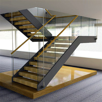Escalier moderne personnalisé pour intérieur, structure à double poutre, escalier en bois massif, escalier en U, balustrade en verre trempé, écologique