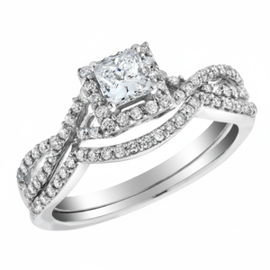 1.00TCW Classic Princess Solitaire Diamond <b>Ring</b> <b>Set</b> with Micro Insert in 10K White <b>Gold</b> and Round Accent Stones for Weddings - Product Image 2