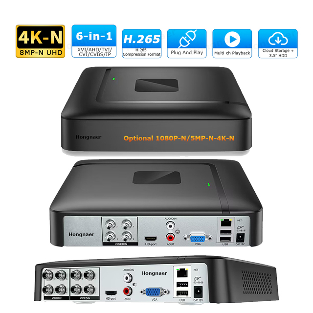 Hongnaer 1080P-N 5MP-N 4K-N H.265 Home 6-in-1 XVI TVI CVI CVBS IP AHD XMEye Pro DVR 4/8 Channel Analog Digital Video Recorder