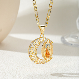 Collier pendentif croissant de lune étincelant doré, médaillon filigrané San Judas Tadeo, bijoux de mode pour femme, cadeau - Product Image 3