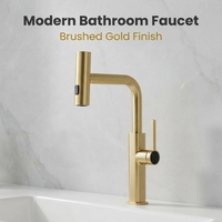 Robinet de lavabo moderne monotrou en or brossé avec douchette extractible haute et bouton pour lavabo sur colonne
