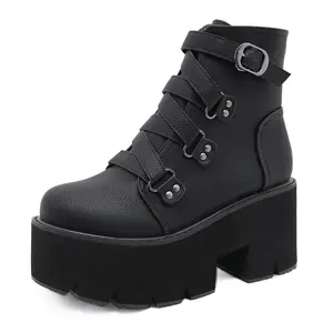 Sapatos femininos de alta qualidade estilo punk tornozelo botas grossas sola laços até moda botas de couro preto para as mulheres