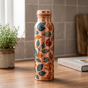 Handcrafted <b>Copper</b> <b>Water</b> <b>Bottle</b> with Colorful Leaf Floral Pattern and Screw Lid Portable Travel Drinkware - Product Image 1