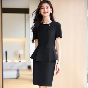 Elegant Navy Blue Peplum Dress O-Neck Short Sleeve Professional Career Wear Women's <b>Work</b> Uniform Summer Slim Fit - Product Image 4