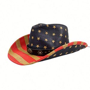Hot Sale Western Cowboy <b>Hat</b> American Flag Painting Straw <b>Hat</b> Classic Cowgirl <b>Hats</b> with Custom Logo - Product Image 5