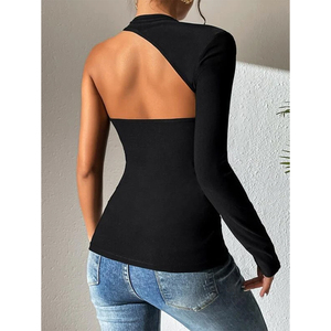 Novità 2024: T-shirt Sexy <span class=keywords><strong>Nera</strong></span> <span class=keywords><strong>Monospalla</strong></span> per Donne, Design Personalizzato con Ritagli, Top Femminili Sexy - Product Image 3