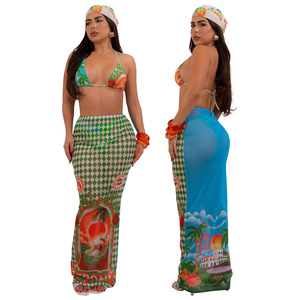 Y1422 <span class=keywords><strong>Bikini</strong></span> estampado Traje de baño de mujer de moda Conjunto de tres piezas <span class=keywords><strong>sin</strong></span> pañuelo en la cabeza - Product Image 5