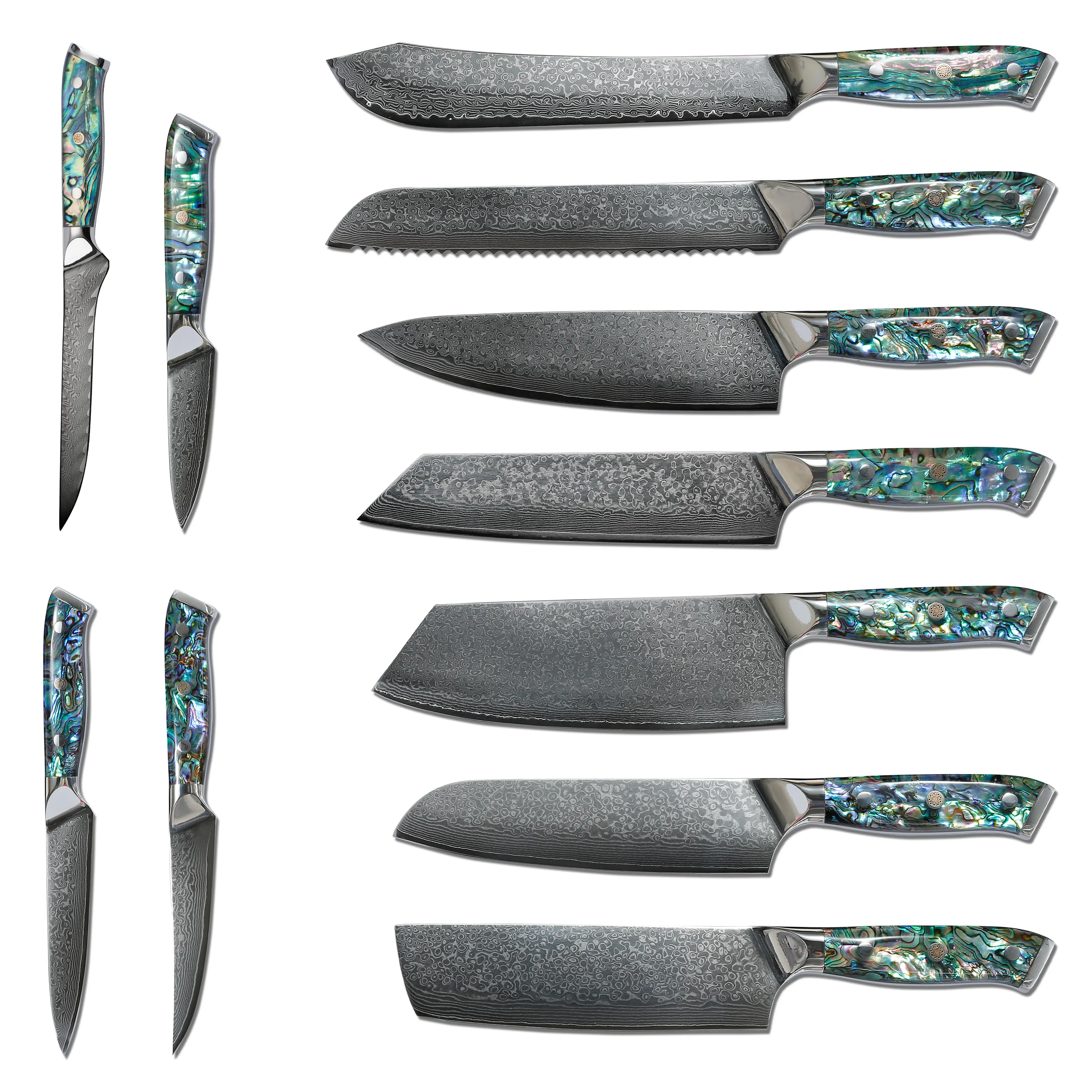 11pcs Luxury Professional Colorful Resin Handle Damascus 9cr18 Carbon Steel Cleaver Meat Cutting Modern Kitchen Knife Set
