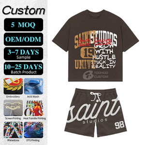 Ensemble T-shirt et short en coton épais personnalisé avec logo pour homme – Vente en gros, survêtement streetwear 2 pièces, ensemble short d'été style urbain - Product Image 1