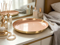 Plateau rond en fer avec bord doré, revêtement poudré rose, plateau de décoration pour la maison, organiseur de cosmétiques et de collations
