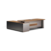 Bureau de direction en forme de L de luxe avec plateau en bois de noyer, éclairage LED intégré et rangement latéral pour bureau de patron