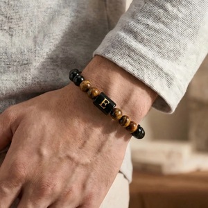 Tiger's Eye <b>Beaded</b> <b>Bracelet</b> <b>Men</b> Natural Stone Elastic Alphabet Letter E Fashion Jewelry Yiwu Origin - Product Image 1