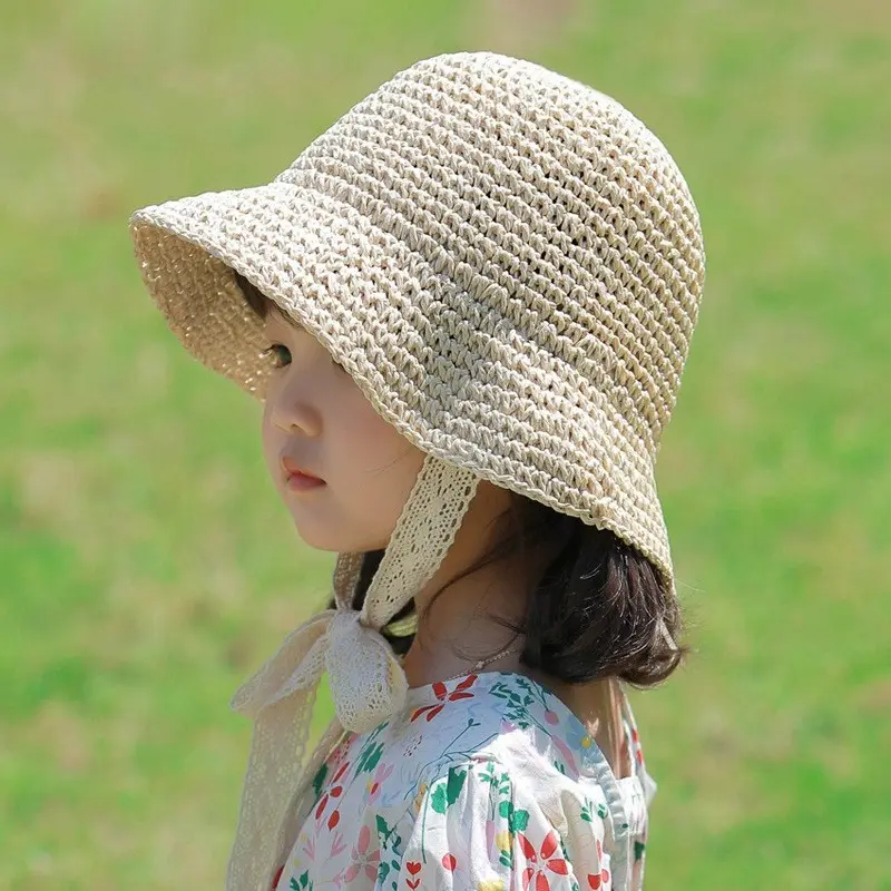 유행 레이스 업 어린이 모자 아기 접이식 크로 셰 뜨개질 밀짚 모자 어린이 휴일 비치 모자