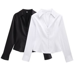 Camicetta in chiffon da donna sexy e semplice, <span class=keywords><strong>con</strong></span> <span class=keywords><strong>nodo</strong></span>, pieghettata, a maniche lunghe raglan, <span class=keywords><strong>con</strong></span> logo frontale, traspirante - Nuova Collezione Primavera 2025 - MOQ basso - Product Image 1
