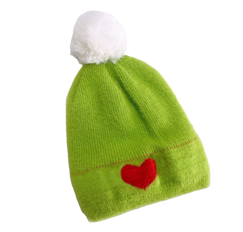 Оптовая продажа, оригинальный дизайн, детские шапки на Рождество, с красным шариком, Бархатные Меховые Теплые шапки с принтом в виде сердца