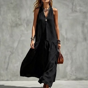 Vestido informal con cuello en V, sin mangas, de color sólido, con cintura elástica, largo, para mujer, Europa, América, Sudeste Asiático, tallas S, M, L, XL, XXL - Product Image 1