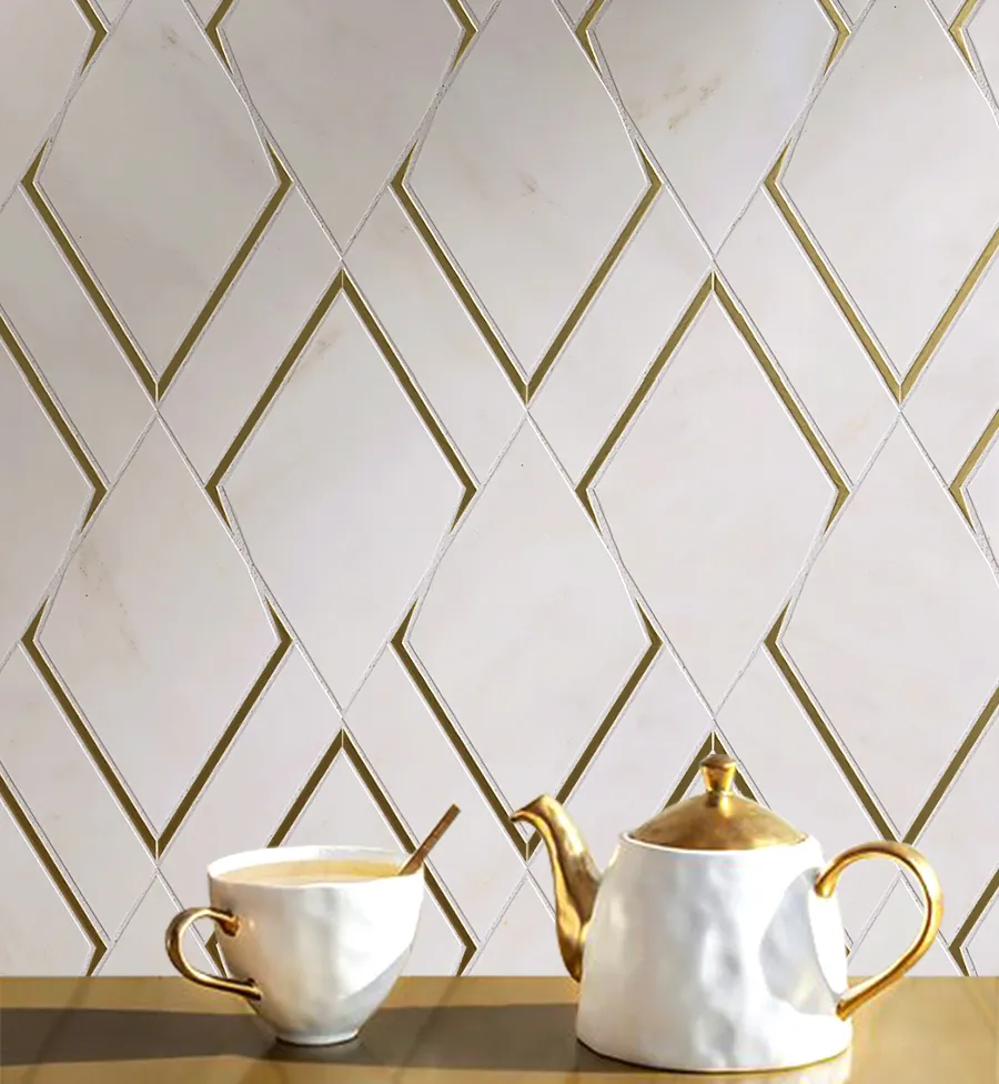Ubin Dinding Kuningan Logam Emas Mewah Modern Bertatahkan Marmer Putih Mosaik untuk Hotel dan Rumah