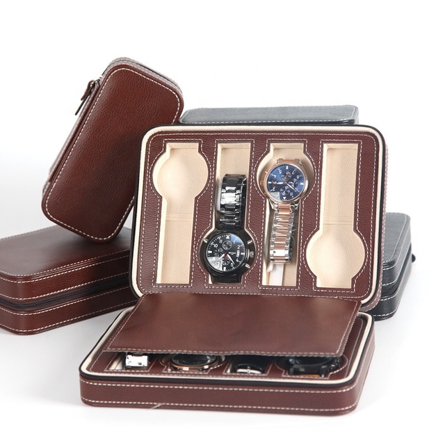 Custom Logo Luxury Portable Black Leather Display Watch Storage Box Elegant Travel Cases for 2 4 8 Watches Tools Gift Box