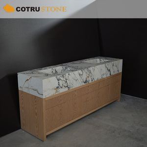 Meuble-lavabo double <span class=keywords><strong>vasque</strong></span> <span class=keywords><strong>en</strong></span> marbre Calacatta Viola sur mesure avec meuble <span class=keywords><strong>en</strong></span> <span class=keywords><strong>bois</strong></span> et plateau <span class=keywords><strong>en</strong></span> pierre naturelle pour salle de bain décorative - Product Image 5