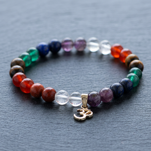 Bracelets classiques de haute qualité en agate sept chakras de 8 mm plaqués rhodium avec charme Om - Product Image 2
