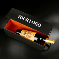Boîte à vin rigide noire avec logo personnalisé, écologique, laminage mat, intérieur orange, emballage haut de gamme pour une seule bouteille de vin