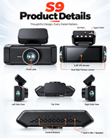 Caméra de tableau de bord 4CH Mini 4K UHD avec objectif fisheye 360 °   Caméra embarquée WiFi GPS grand angle avec enregistreur vidéo et moniteur de stationnement