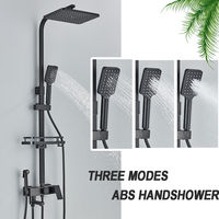 Ensemble de robinetterie de douche et baignoire en laiton noir, vente en gros d'usine, avec étagère de salle de bain, mitigeur de douche 4 fonctions à hauteur réglable