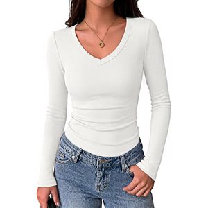Camiseta de Punto Acanalado de Manga Larga con Cuello en V para Mujer, Ajustada, Básica, Informal, para Otoño, Suave y Elástica - Product Image 1