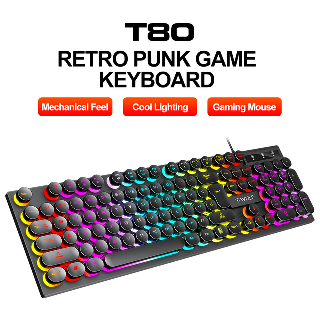 T-WOLF T80 Teclado White Pink Keyboard 104 Keys Computer Gaming Usb Wired Keyboard Light Led Gamer Rainbow Keyboard