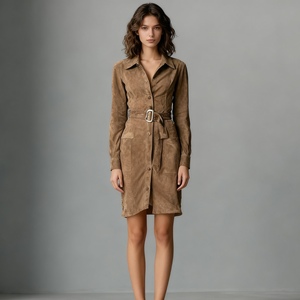 Robe chemise courte en velours suédé pour femme, à manches longues, col et boutonnage simple, avec ceinture, tendance automne - Product Image 3