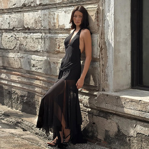 Halter Neck Chiffon Long Dress Deep V Asymmetric Translucent Evening Gown Sleeveless Natural Waistline - Product Image 2