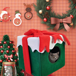Caja de regalo navideña, cama para gatos cuadrada, de fibra de poliéster suave, lavable a mano, casa para mascotas, para el calor del invierno. - Product Image 4