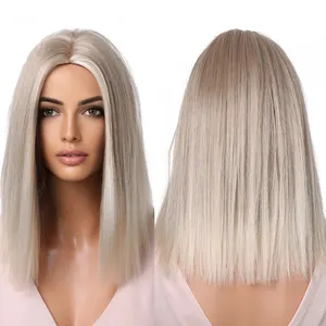 Supplier Wholesale Prices Platinum White Gray Blonde Synthetic Short Straight Bob Hair Wig for Women Shoulder Length Natural Wig