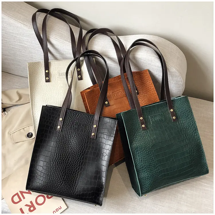 YIMYIK Factory Trendy Pure Color Tote Bag PU Crocodile Pattern Brown Quality Shoulder Bag